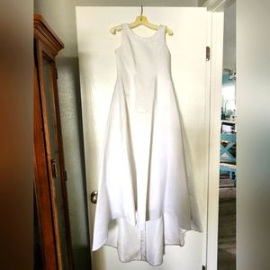 David’s Bridal dress with train and pearls.